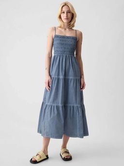 GAP - Womens Square Neck Tiered Shirred Dress Blue