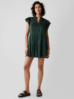 GAP - Womens Embroidered V-Neck Tiered Dress Green