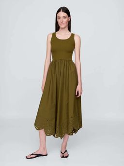 GAP - Womens Cut-Work Round Neck Midi Dress Olive