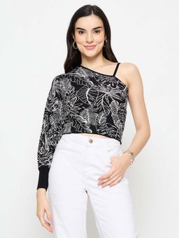 Madame - Printed One Shoulder Black Knitted Top