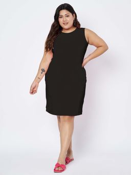 BRINNS - Plus Size Women Solid Knee Length Sheath Dress Black