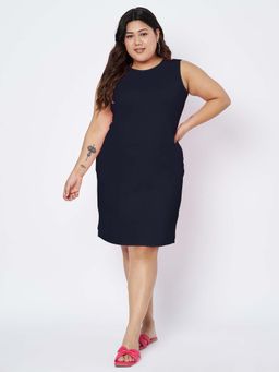 BRINNS - Plus Size Women Solid Knee Length Sheath Dress Navy Blue