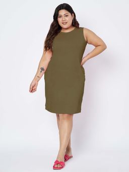 BRINNS - Plus Size Women Solid Knee Length Sheath Dress Olive