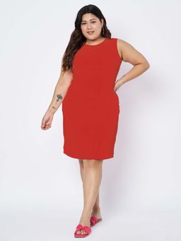 BRINNS - Plus Size Women Solid Knee Length Sheath Dress Red