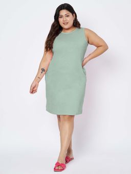 BRINNS - Plus Size Women Solid Knee Length Sheath Dress Green