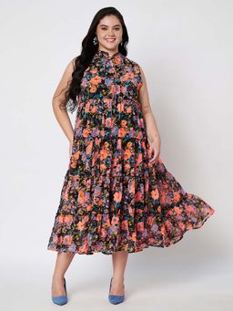 BRINNS - Floral Printed Tie-Up Neck Fit And Flare Midi Dress Multi-Color