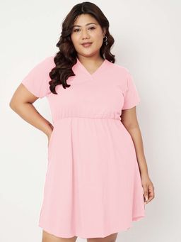 BRINNS - Women Plus Size V-Neck Cotton Dress Pink