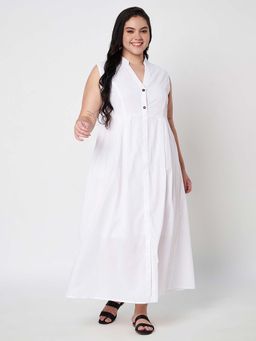 BRINNS - Plus Size Mandarin Collar Cotton A-Line Dress White