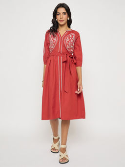 Madame - Embroidered A Line Midi Red Dress with Belt (Set of 2)