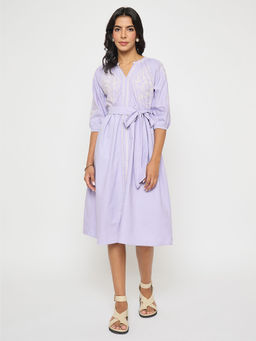 Madame - Embroidered A Line Midi Lavender Dress with Belt (Set of 2)