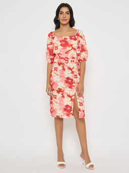 Madame - Floral Print Ruched Bodycon Multi-color Dress with Belt (Set of 2)