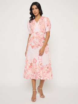 Madame - Paisley Print Peach Midi A Line Dress