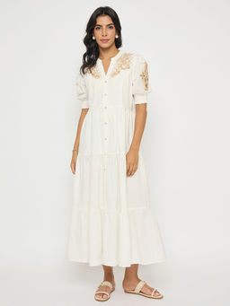 Madame - Embroidered Flared Hem White Cotton Dress
