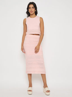 Madame - Schiffli Pink Cotton Knit Top and Skirt (Set of 2)