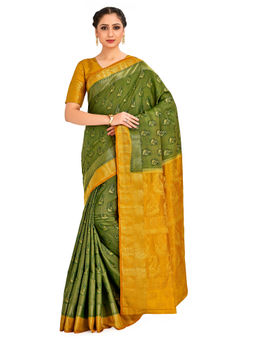 Mimosa - Olive Kanjivaram Style Art Silk Saree With Unstitched Blouse