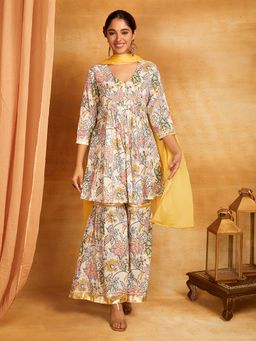 Shri Sanyogini - Multi-Color Kalidar With Gota Pati Kurta with Sharara and Dupatta (Set of 3)