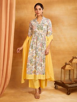 Shri Sanyogini - Multi-Color Block Printed Long Slit Kurta with Palazzo and Dupatta (Set of 3)