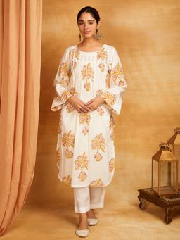 Shri Sanyogini - White Block Printed Lace Detailing Kurta With Palazzo (Set of 2)