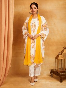 Shri Sanyogini - White Block Printed Lace Detailing Kurta with Palazzo and Dupatta (Set of 3)