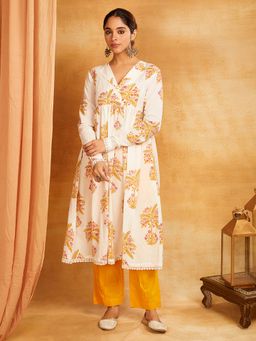 Shri Sanyogini - White Block Printed Cotton Anarkali Kurta With Pant (Set of 2)