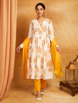 Shri Sanyogini - White Block Printed Cotton Anarkali Kurta with Pant And Dupatta (Set of 3)