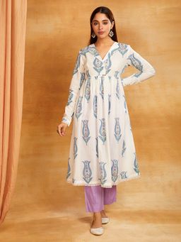 Shri Sanyogini - White Block Printed Cotton Anarkali Kurta With Pant (Set of 2)