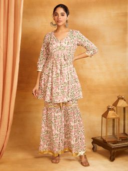 Shri Sanyogini - Multi-Color Kalidar With Gota Pati Short Kurti with Sharara (Set of 2)