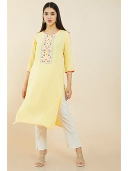 Soch - Women Mustard Rayon Embroidered Kurta