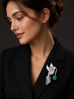 Treemoda - Luxury AD Bird Brooch Pear-Cut Emerald Doublet Drop Brass Metal Silver Plated
