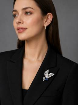 Treemoda - Luxury Silver Flying Bird Brooch Sparkling AD and Blue Crystal Brass Metal Silver Plated