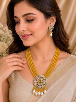Treemoda - Yellow Beaded Necklace and Floral Earrings Set