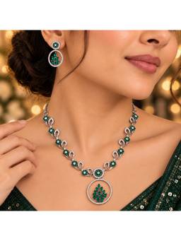 Opal Touch - Leaflet Motif Rhodium Plated Necklace Set