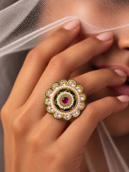 SUGARFRILL - 22K Gold-Plated Floral Kundan Pearl Statement Ring