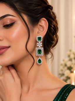 SUGARFRILL - Silver-Plated Green Rectangular Stone Drop Earrings