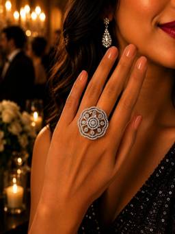 SUGARFRILL - Silver-Plated Floral White Stone Statement Ring