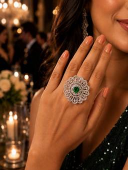 SUGARFRILL - Silver-Plated Green Round Stone Halo Statement Ring