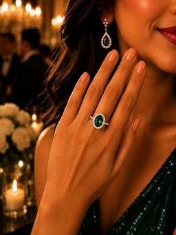 SUGARFRILL - Silver-Plated Green Oval Stone Halo Ring