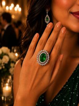 SUGARFRILL - Silver-Plated Green Oval Stone Double Halo Ring