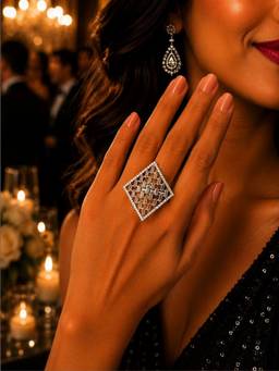 SUGARFRILL - Silver-Plated Geometric White Stone Statement Ring