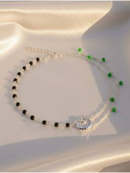 Kicky and Perky - Sterling Silver Double-Layer Green Jade and Black Bead Anklet
