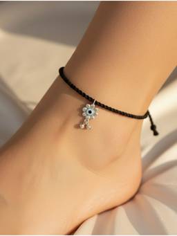 Kicky and Perky - Adjustable Black Thread Anklet with MOP Evil Eye Flower Charm