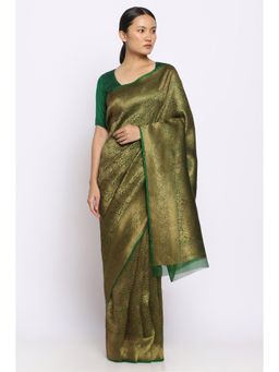 Via East - Sunehri Green Kora Silk Banarasi Saree with Unstitched Blouse