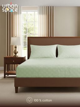 Urban Space - Tea Green Cubes 100% Cotton 300TC Bedsheet with 2 Pillow Covers (King)