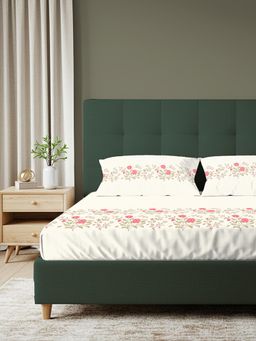 Urban Space - Serene 200 TC Cotton Bedsheet With 1 Pillow Covers, King Fitted - Poppy Blooms