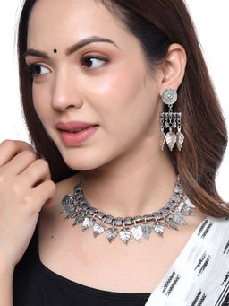 Yellow Chimes - Silver Oxidised Necklace with Earring Leaflet Designed Vintage Necklace Set