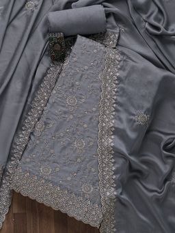 Koskii - Light Grey Embroidered Satin Unstitched Salwar Suit (Set of Three)