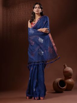 CHARUKRITI - Navy Blue Linen Handwoven Saree with Nakshi Motifs with Unstitched Blouse