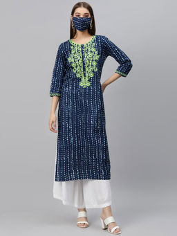 Rain & Rainbow - Women Blue Green Pure Cotton Screen Printed Kurta With Mask (Set of 2)