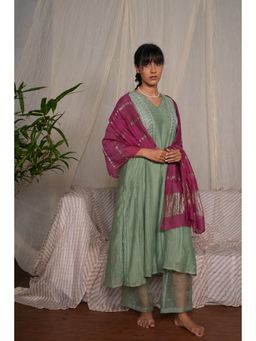 PANTS AND PAJAMAS - Moss Green Chikan Embroidered Kurta (Set of 3)