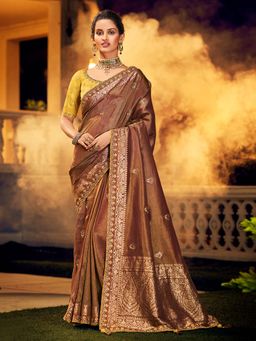Odette - Brown Viscose Floral Designer Saree with Unstitched Blouse